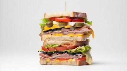 Wall Mural - Fresh sandwich with ham, cheese, tomatoes, fast food on white background, isolate. AI generated.