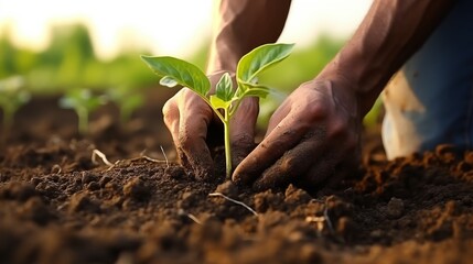 Farmer's Hands Planting Seedling in Regenerative Agriculture Field: Close-Up Shot. Sustainable Farming and Eco-Friendly Agriculture Concept.