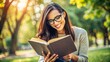 © Sirinporn - Cropped image of smiling brunette woman in eyeglasses reading book in park