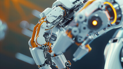 Poster - A robot arm is shown in a factory setting. The robot is white and has a black head. The robot arm is made up of many small parts, including a hand and a foot