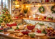 © Sirinporn - Warmly lit kitchen scene with festive holiday decorations, mixing bowls, utensils, and trays of sweet treats, evoking feelings of love, tradition, and family togetherness.