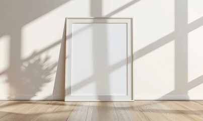 Poster - Minimalist White Frame on Wooden Floor with Sunlight and Shadows