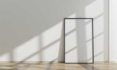 Poster - Minimalist black frame against white wall with sunlight and shad