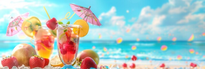 Aufkleber - Two colorful cocktails garnished with fruit and small umbrellas sit on a beach with a clear blue ocean in the background. Generative AI