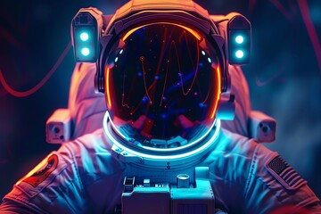 a vibrant astronaut in a futuristic helmet, glowing with colorful lights against a cosmic background