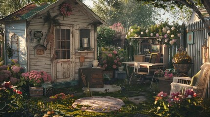 quaint cottage garden with a dedicated office shed, complete with a shabby chic desk, floral decor, and a peaceful atmosphere