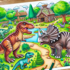 Wall Mural - 107 31 Children's drawing of a dinosaur park with T Rex and Tric