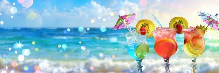 Aufkleber - Three colorful cocktails garnished with fruit and umbrellas, with a beach and ocean backdrop. Generative AI