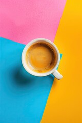 Wall Mural - Cup of coffee on colorful background. Flat lay, top view