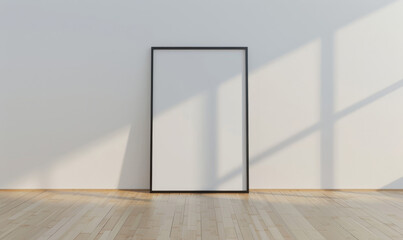 Wall Mural - Blank Frame Leaning Against White Wall with Sunlight and Shadows