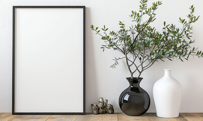 Minimalist home decor with a blank frame ceramic vase and eucaly