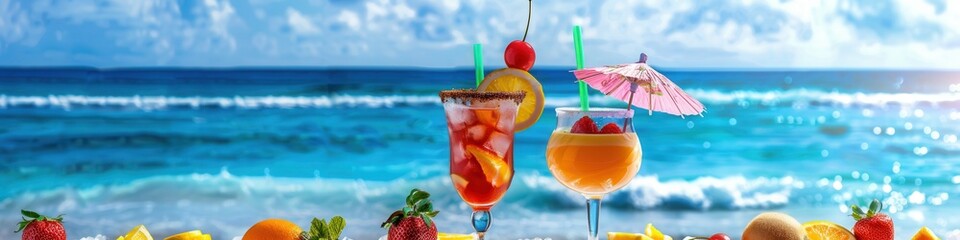 Aufkleber - Two colorful cocktails with fruit garnishes and paper umbrellas sit on a beach table with an ocean view. Generative AI