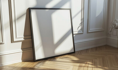 Sticker - Minimalist black frame mockup leaning against a textured wall wi