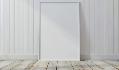 Wall Mural - Minimalist White Frame Against White Paneled Wall On Distressed