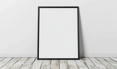 Wall Mural - Minimalist black frame mockup on wooden floor and white wall bac