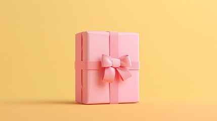 Pink gift box with ribbon and bow on a yellow background