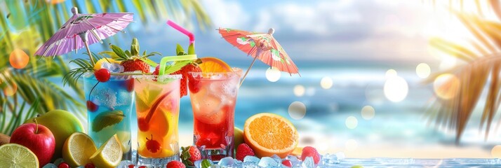 Aufkleber - Three colorful cocktails garnished with fruit and miniature umbrellas, sitting on a beach with a blurred ocean in the background. Generative AI