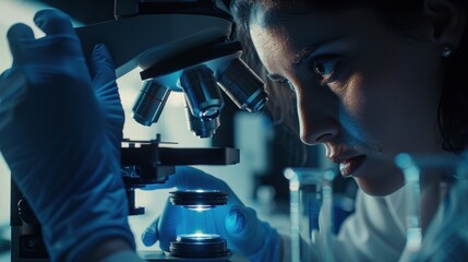 Poster - A closeup image of a scientist examining a sample under a microscope in a laboratory