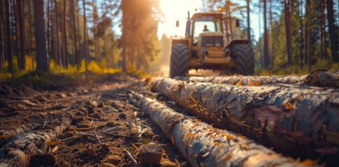 Poster - A closeup of logs lying on a dirt path in a forest with a tractor in the background