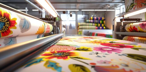 Poster - A Closeup of Fabric Being Printed with a Vibrant Floral Pattern in a Factory Setting
