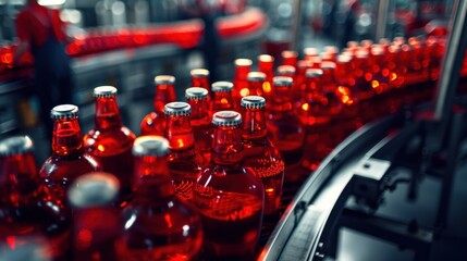 Poster - A closeup shot of red glass bottles moving along a conveyor belt in a factory setting
