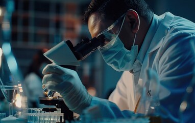 Aufkleber - A Scientist in a Lab Coat and Mask Carefully Examines a Specimen Through a Microscope