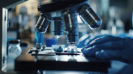 Poster - A closeup of a microscope lens focused on a small glass container filled with a substance