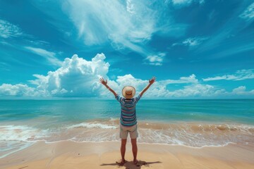 Poster - Young teenager with her arms raised in joy, standing on the beach facing an ocean view under clear blue skies.