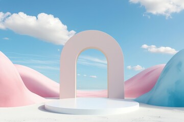 Poster - A minimalistic arch structure stands in a surreal pastel landscape with blue skies and scattered clouds, creating a serene and futuristic atmosphere.