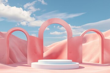 Poster - A scenic setup featuring pink arches on a tranquil pastel landscape under a clear blue sky, giving a sense of peace and elegance with touch of surrealistic art.