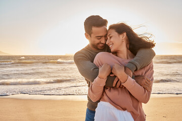 love, sunset and couple with hug by coast for affection, relationship or weekend getaway. beach, his