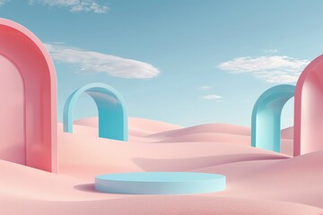 Poster - Modern architectural structures in the form of arches stand amidst pastel dunes under a serene blue sky, offering a blend of contemporary design and dreamy aesthetics.