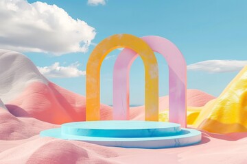 Poster - A series of multicolored arches standing against a surreal pastel dreamscape under a clear sky, creating a vibrant and artistic fusion of modern architecture and fantasy.