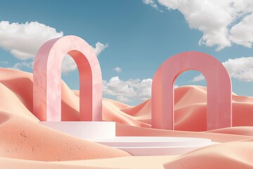 Poster - A pair of symmetrical pastel pink arches are placed in the middle of a desert landscape with rolling pink dunes, suggesting symmetry, modernity, and calmness.