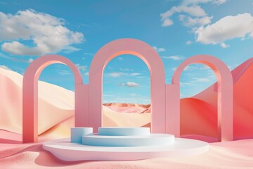 Poster - Three arches, in shades ranging from peach to pink, stand in a pastel desert with rolling sand dunes, under a clear blue sky dotted with a few clouds.