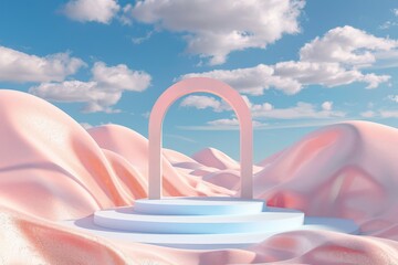 Aufkleber - A dreamy desert landscape featuring abstract pastel arches under a blue sky with scattered clouds. The setting is surreal with soft pink mounds and a serene ambiance.