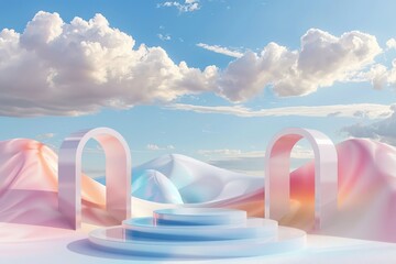 Poster - This image features two white arches set in a pastel desert with soft sand dunes, a bright blue sky, and lightly scattered clouds, conveying serenity.