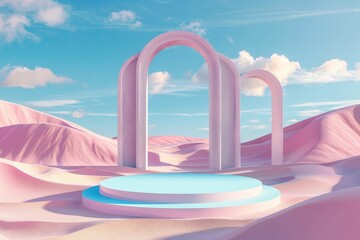 Poster - A surreal desert landscape showcasing pastel-colored arches placed on circular platforms, creating a sense of modernity, tranquility, and visual abstraction under a blue sky.