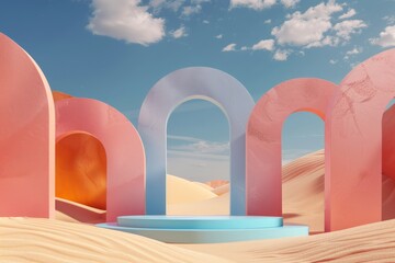 Poster - This image features a surreal desert landscape with colorful arches, steps, and a clear blue sky, creating an abstract and dreamlike atmosphere.
