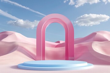 Poster - An image of a large pink arch standing in a dreamy desert landscape with soft pink sand dunes, against a blue sky dotted with clouds.