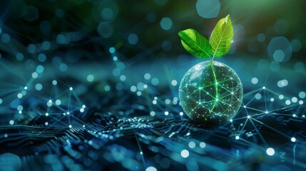 Poster - A digital globe adorned with green leaves symbolizes eco-tech integration over a detailed circuit board, merging nature and technology in a futuristic setting.