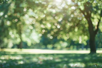 Wall Mural - Beautiful blurred background of a natural summer forest with sunlight and bokeh effects.