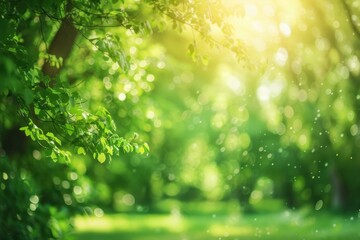 Wall Mural - Beautiful blurred background of a natural summer forest with sunlight and bokeh effects.