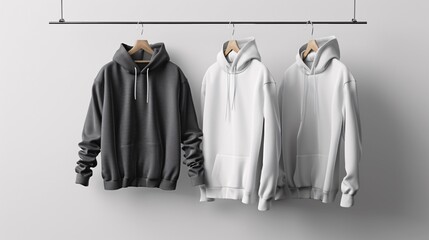 Wall Mural - Three hoodies on a clothes rail - a black one and two white ones, ideal for displaying your newest designs