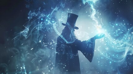 A magician with a top hat and a glowing magic wand performs a magic trick. The magician wears a top hat and carries a shining magic wand.