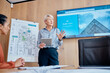 © peopleimages.com - Architect, presentation or business woman with tablet for brainstorming ideas at startup. Team, engineer and leader with tech for construction project, building or training with real estate developer