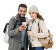 © kite_rin - Beautiful happy young couple using smartphone isolated transparent PNG. Joyful smiling woman and man looking at mobile phone. Love, travel, tourism, students lifestyle concept