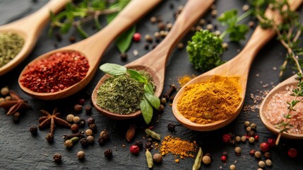 Mixed spices in wooden spoons with green herbs