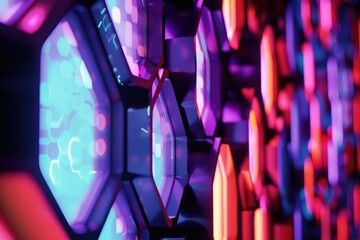 Poster - Background with purple and pink hexagonal shapes, Luminous hexagon background, AI generated