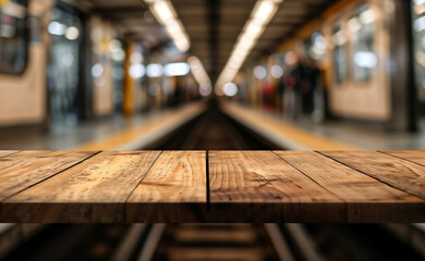 Poster - Empty wooden table top on blurred subway station background for product display